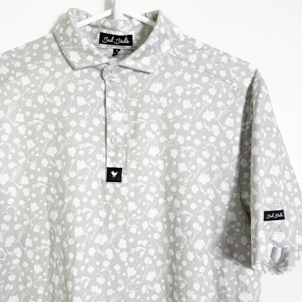 Bad Birdie Golf Polo Mens Small Grey Floral AOP Floral Short Sleeve